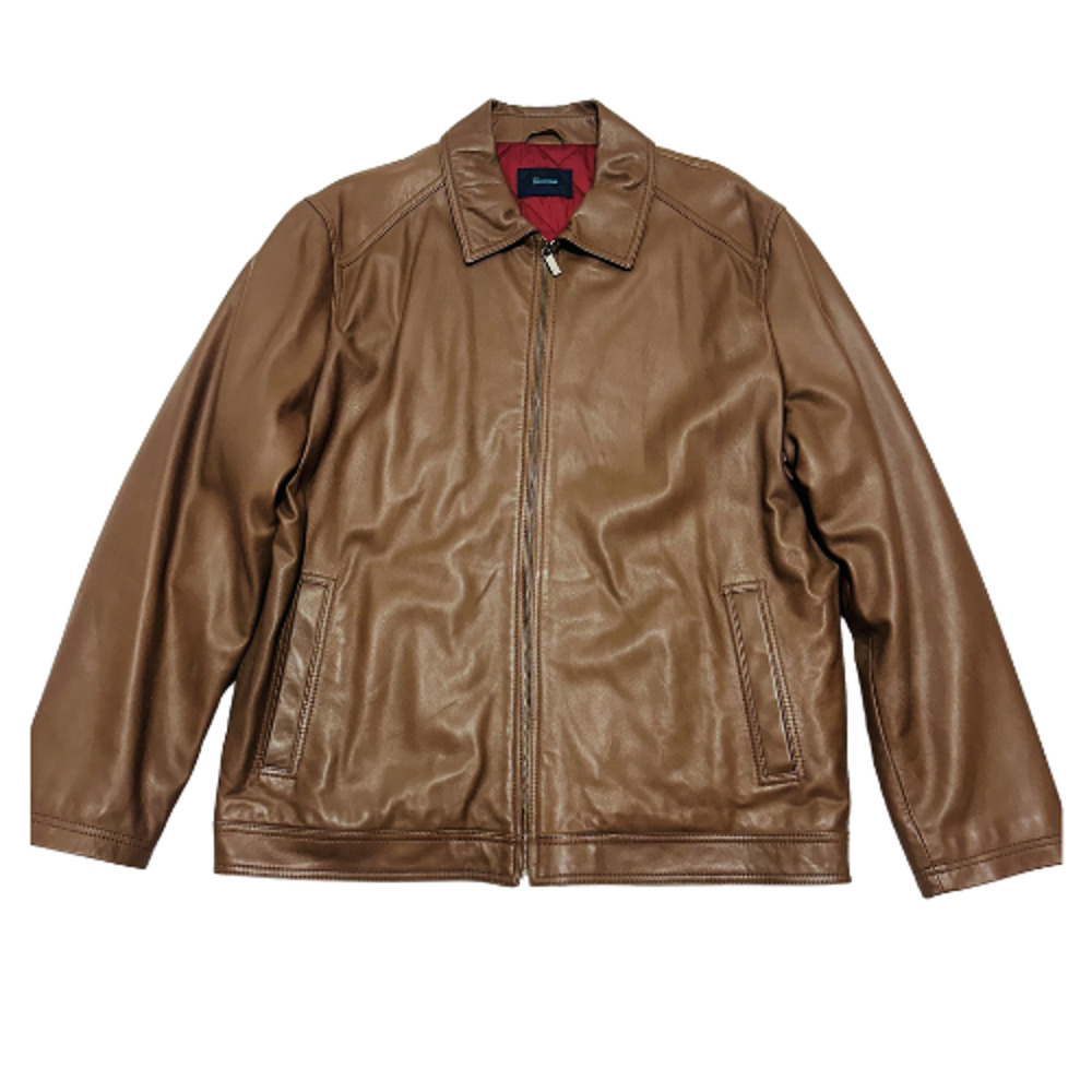 Façonnable Leather Jacket Men's Size XL Brown Quilted Lined Long Sleeve Full Zip